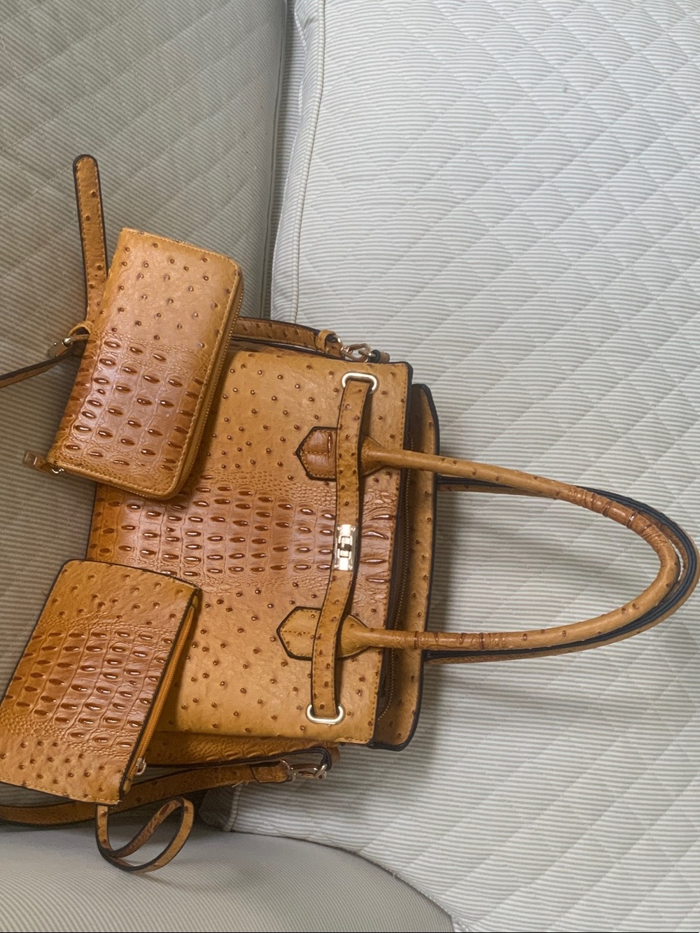Tan Ostrich-Texture Structured Tote Handbag